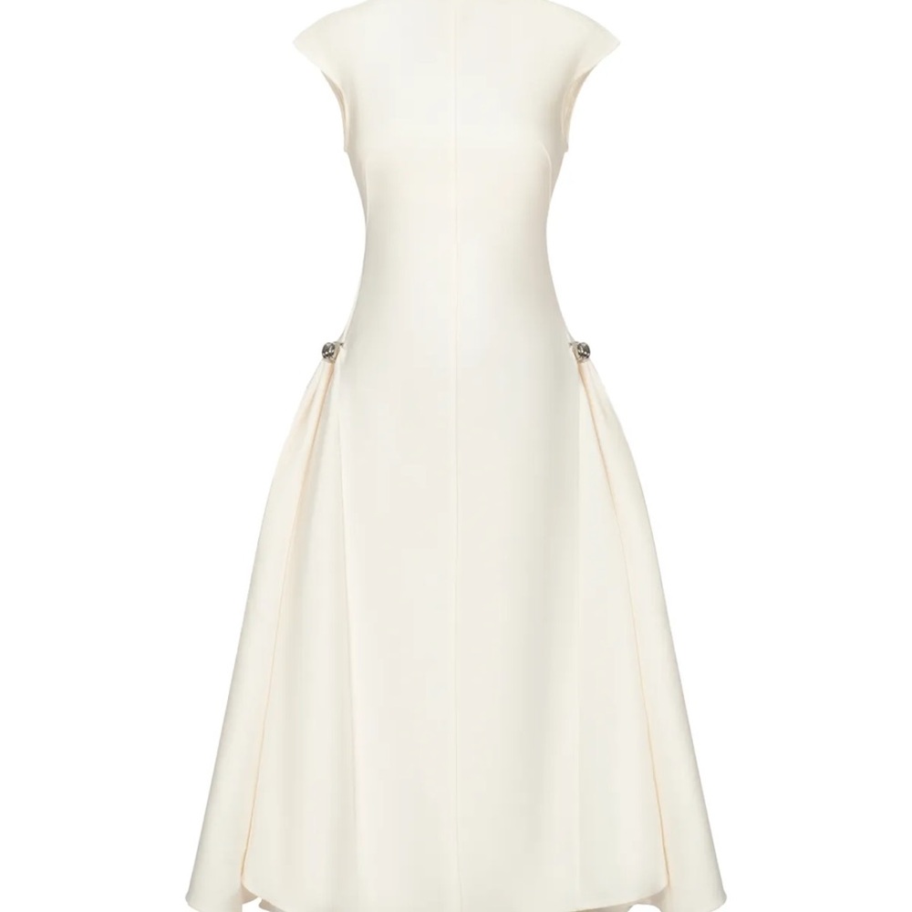 Elegantly sleeveless Draped Cream Midi Dress with silver side detach accessories